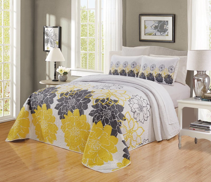 GrandLinen 3-Piece Fine Printed Oversize (100" X 95") Quilt Set Reversible Bedspread Coverlet Queen Size Bed Cover (Sunshine Yellow, White, Grey Floral)
